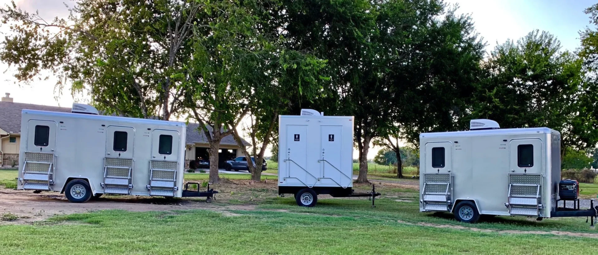 Luxury restroom trailer supporting a film and commercial production in Texas.