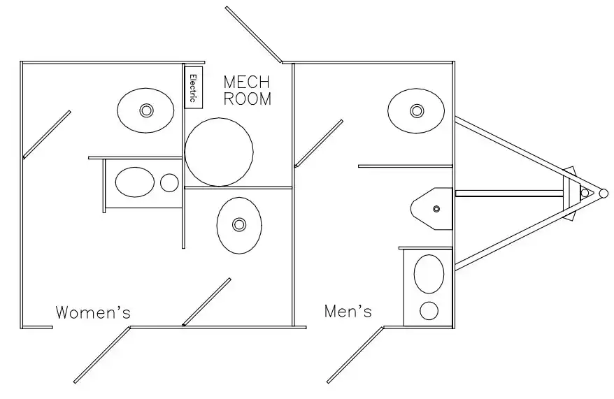 4-station-community-restroom-trailer-floorplan Floorplan of a 4-station community restroom trailer: women's side with two stalls and sink, men's side with toilet, urinal and sink, separate entrances and central mechanical room